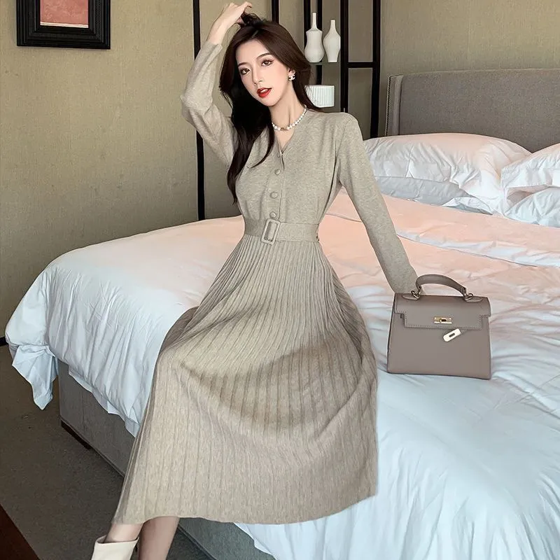 Women's Knitted Dress with Belt Single-breasted Autumn Winter Thicken Sweater Dress Female A-line soft Elegant Pleated Skirt - WD8076