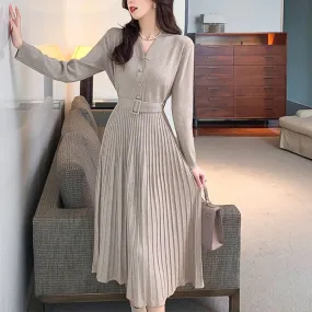 Women's Knitted Dress with Belt Single-breasted Autumn Winter Thicken Sweater Dress Female A-line soft Elegant Pleated Skirt - WD8076