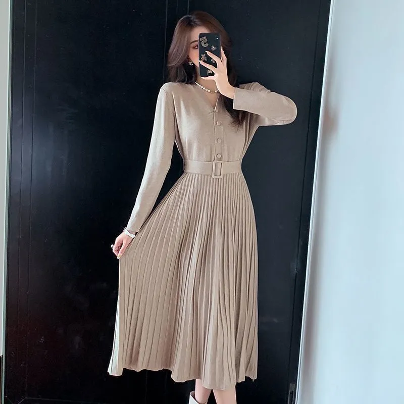 Women's Knitted Dress with Belt Single-breasted Autumn Winter Thicken Sweater Dress Female A-line soft Elegant Pleated Skirt - WD8076