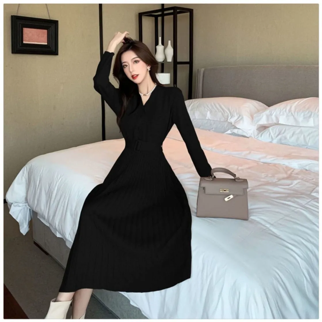 Women's Knitted Dress with Belt Single-breasted Autumn Winter Thicken Sweater Dress Female A-line soft Elegant Pleated Skirt - WD8076