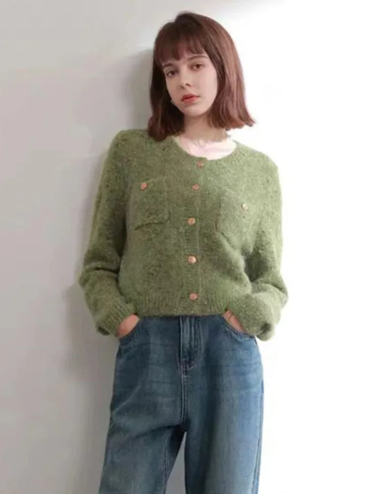 Zoki Women Sweet Cardigan Sweaters Vintage Long Sleeve Casual Korean Elegant Knitted Tops Coat Fall O Neck Design Lady Cardigan